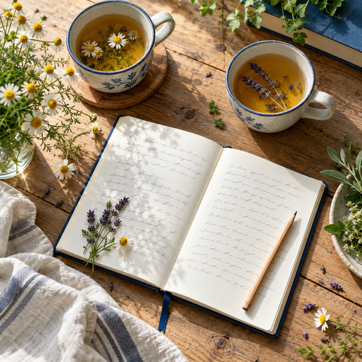 Open notebook with chamomile and lavender beside tea